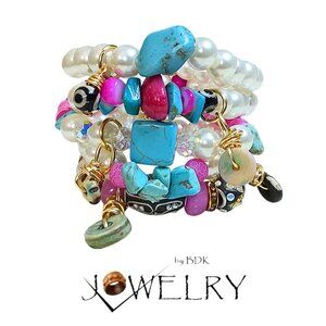 Faux Pearl & Howlite Turquoise Stretch Boho Bracelets